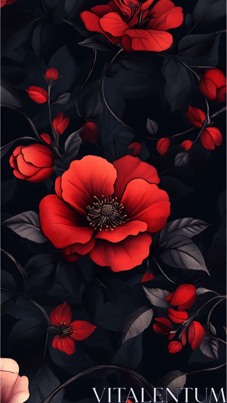 Luminous Red Poppies Against Deep Navy: Digitally Rendered Floral Study