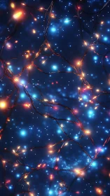 Tangled string lights glow over blue bokeh background