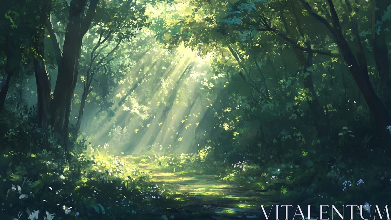 Sunlit forest path inviting quiet moments of gentle wonder.