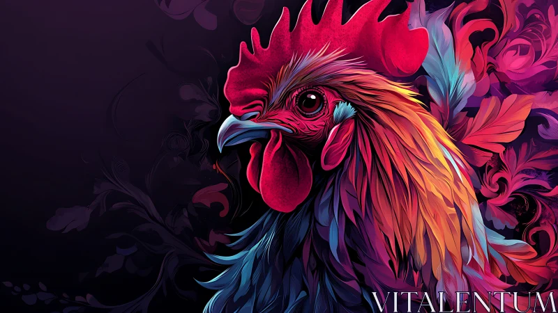 Vibrant Digital Rooster Portrait with Ornate Background.