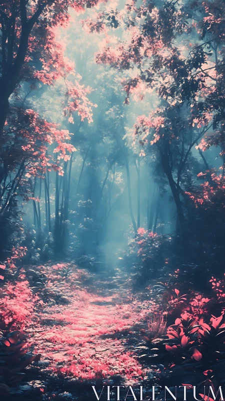 Ethereal Forest Path Through Pink-Hued Woodland Mist