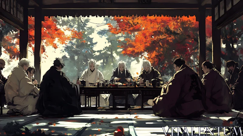 Samurai group seated for meal in open pavilion setting.
