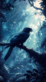 Blue parrot on jungle branch under dramatic light beams.