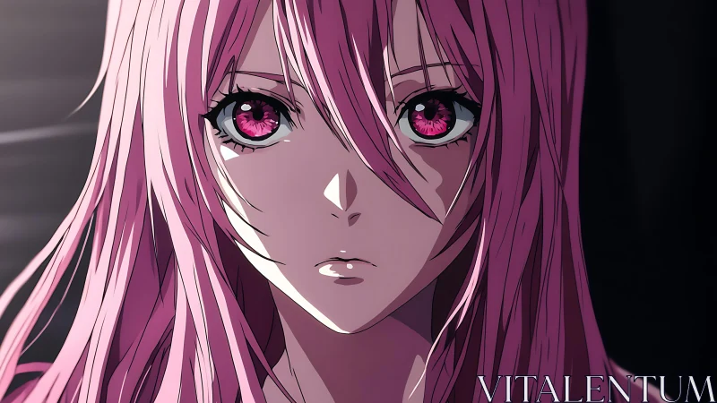Anime portrait with magenta hair and cinematic chiaroscuro lighting.