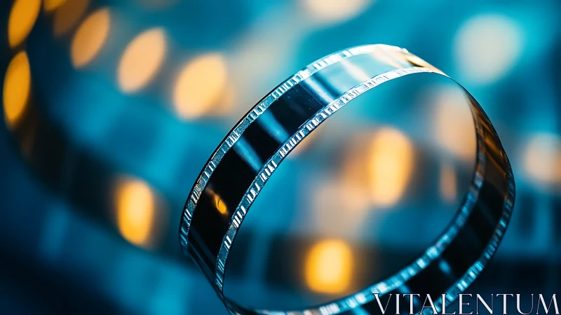Cinematic film strip glowing in dreamy blue and gold light.