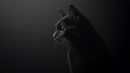 Black Cat with Red Eyes Against Dark Background.