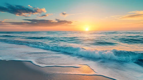 Sunlit shoreline waves under vivid turquoise evening sky.