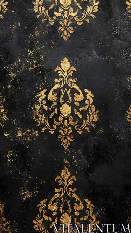 Gilded damask blooms quietly against a storm-dark canvas