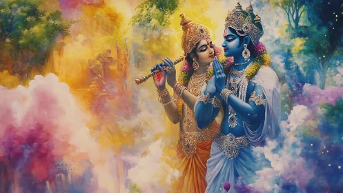 Krishna and Radha stand amid colorful divine clouds
