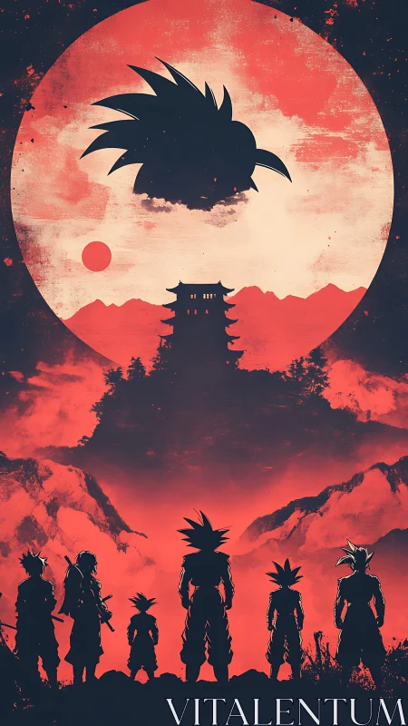 Red sun silhouette composition with anime warriors and temple