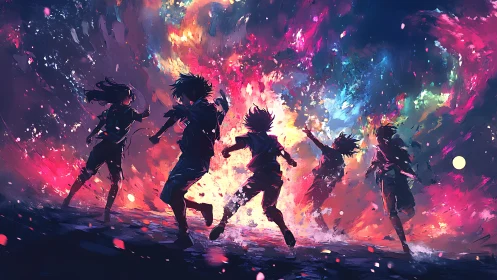 Silhouetted children run toward explosive multicolor sky