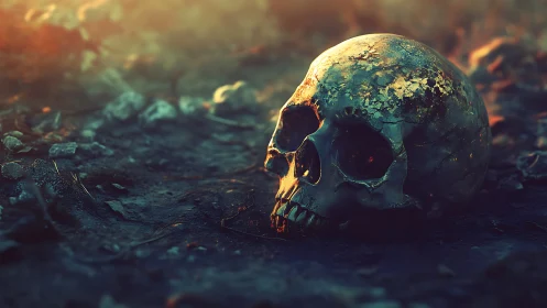 Weathered cranial relic under low-angle spectral sunlight.