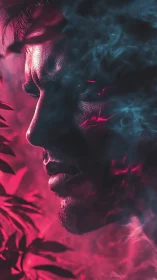 Moody male profile in neon pink and blue smoke portrait