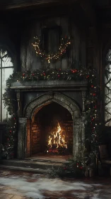 Stone fireplace with garland and winter holiday wreath decor.