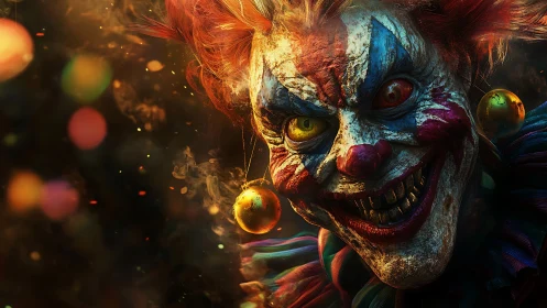 Hyperreal sinister clown portrait with bokeh and smoke lighting