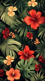 Tropical Blooms Dance Among Lush Green Palm Leaves