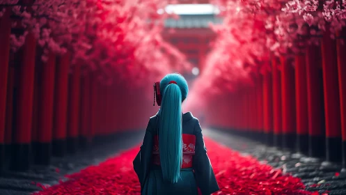 Blue-haired girl walks under crimson torii corridor. Period.
