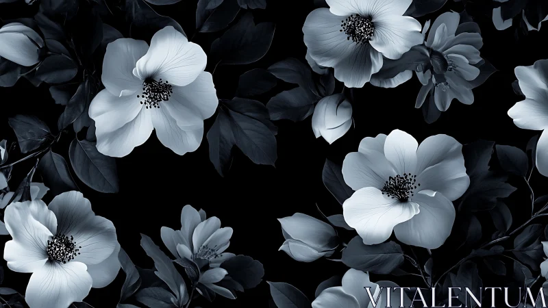 Monochrome botanical floral pattern with high contrast petals