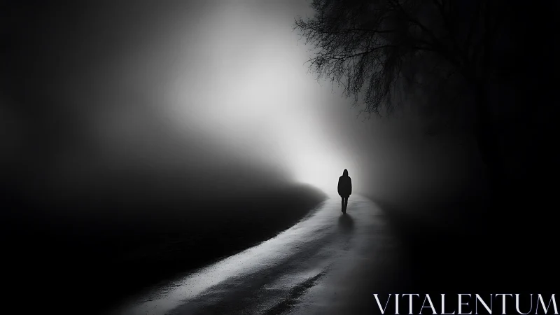 Lone figure walks a misty road into haunting white light