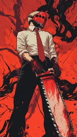 Masked chainsaw wielder dominates high-contrast crimson frame