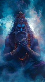 Mystical blue ascetic in meditative posture amid ethereal smoke