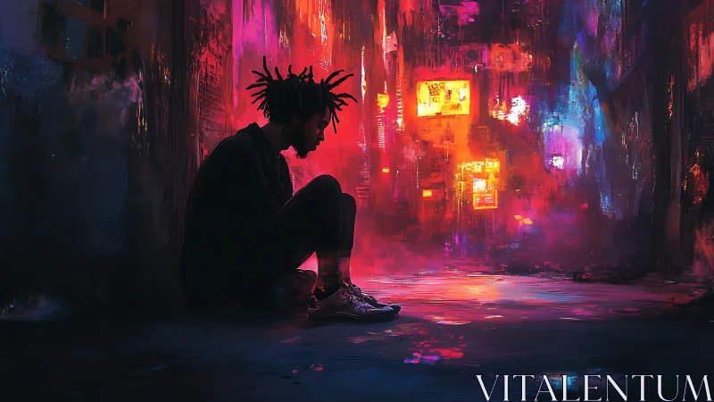 Solitary figure in neon alleyway bathed in cyberpunk glow.