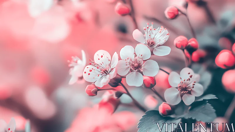 White Cherry Blossoms with Pink Buds and Foliage