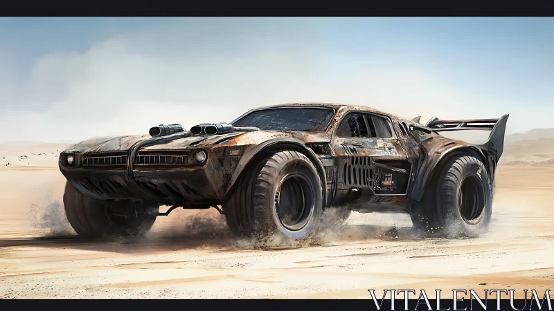 Post-apocalyptic desert muscle car kicks up drifting sand.