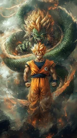 Superpowered fighter stands before large serpentine creature