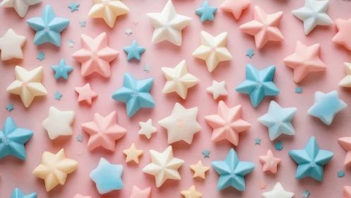 Pastel star-shaped objects arranged across soft pink surface