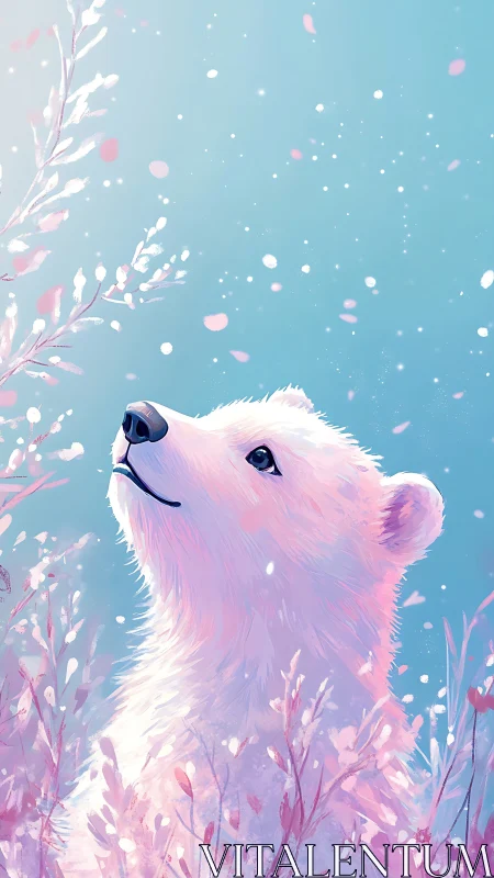 Polar bear cub in pastel snowfield with drifting petals.