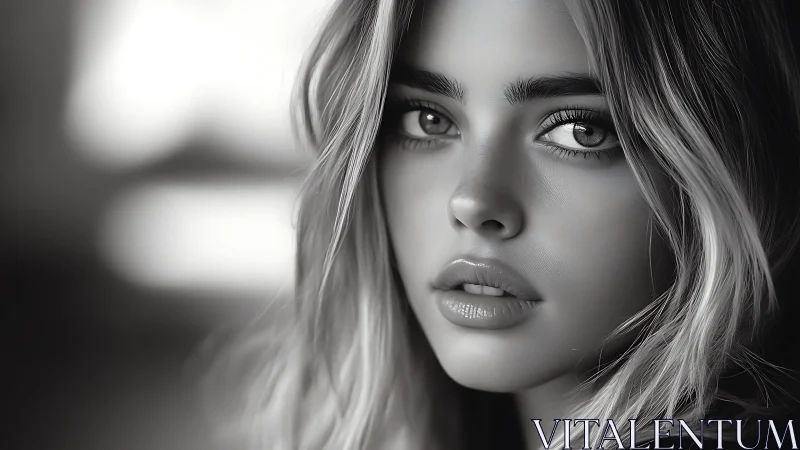 Monochrome close-up study of a young woman’s face portrait.