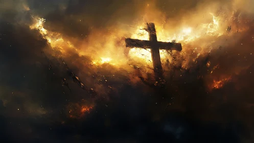 Cross of embered dawn carved through storming heavens.