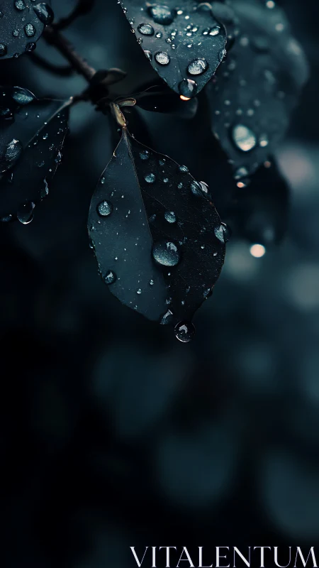 Dark leaves cradle glistening raindrops in tranquil focus