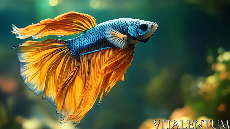 Gliding betta fish with vivid orange fins in soft focus tank.
