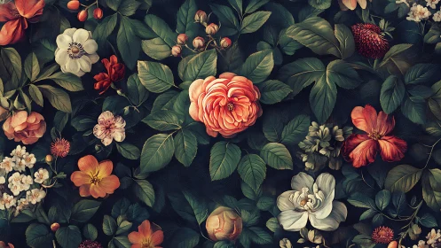 Baroque Floral Composition with Layered Botanical Elements Against Dark Background