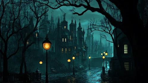 Foggy gothic street glows under scattered gaslamps at night