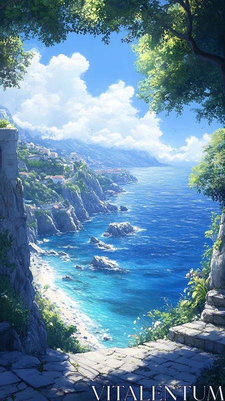 Coastal terrace overlooks sunlit cliffs and saturated cyan sea