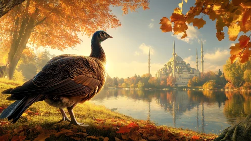 Turkey by lakeside mosque in calm autumn landscape.