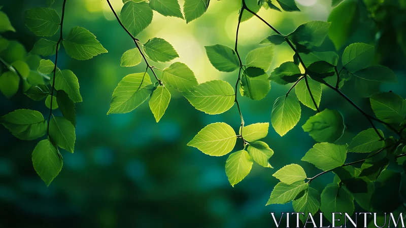 Sunlit Green Leaves on Branches in Lush Nature Scene, Soft Focus.