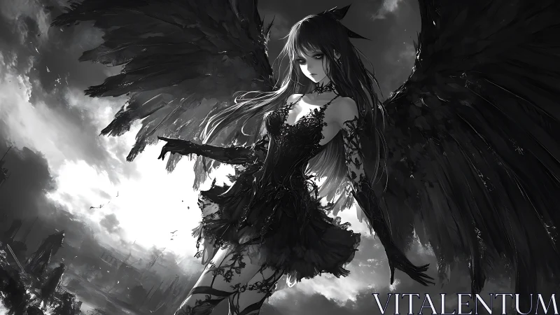 Dark-winged anime angel dominates stormy monochrome sky