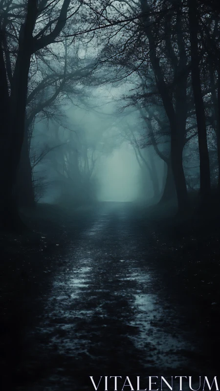 Misty forest path recedes into dense blue-green fog
