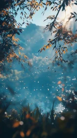 Mountain lake view framed by foliage in soft daylight.