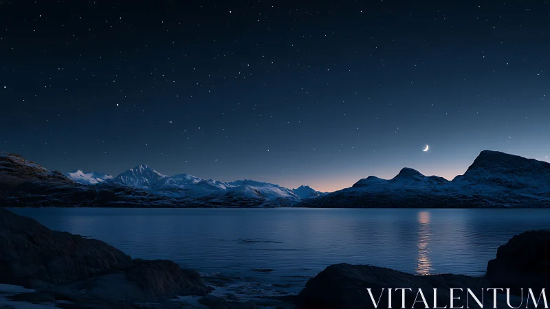 Crescent moon illuminates polar mountains over a still fjord