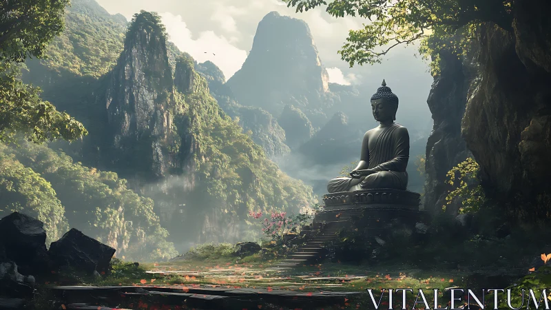 Digital painting of Buddha statue in misted mountain sanctuary.