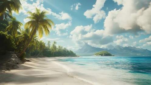 Tropical Beach Paradise with Mountain Vista.