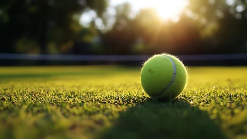 Sunlit tennis ball waits quietly on a glowing summer court