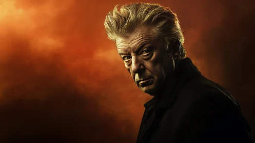 Older man gazes intensely against dramatic orange backdrop