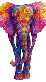 Radiant patterned elephant walks forward in joyful color