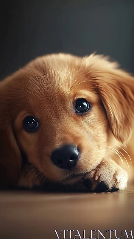 Golden puppy close-up in soft dramatic sidelight portrait.